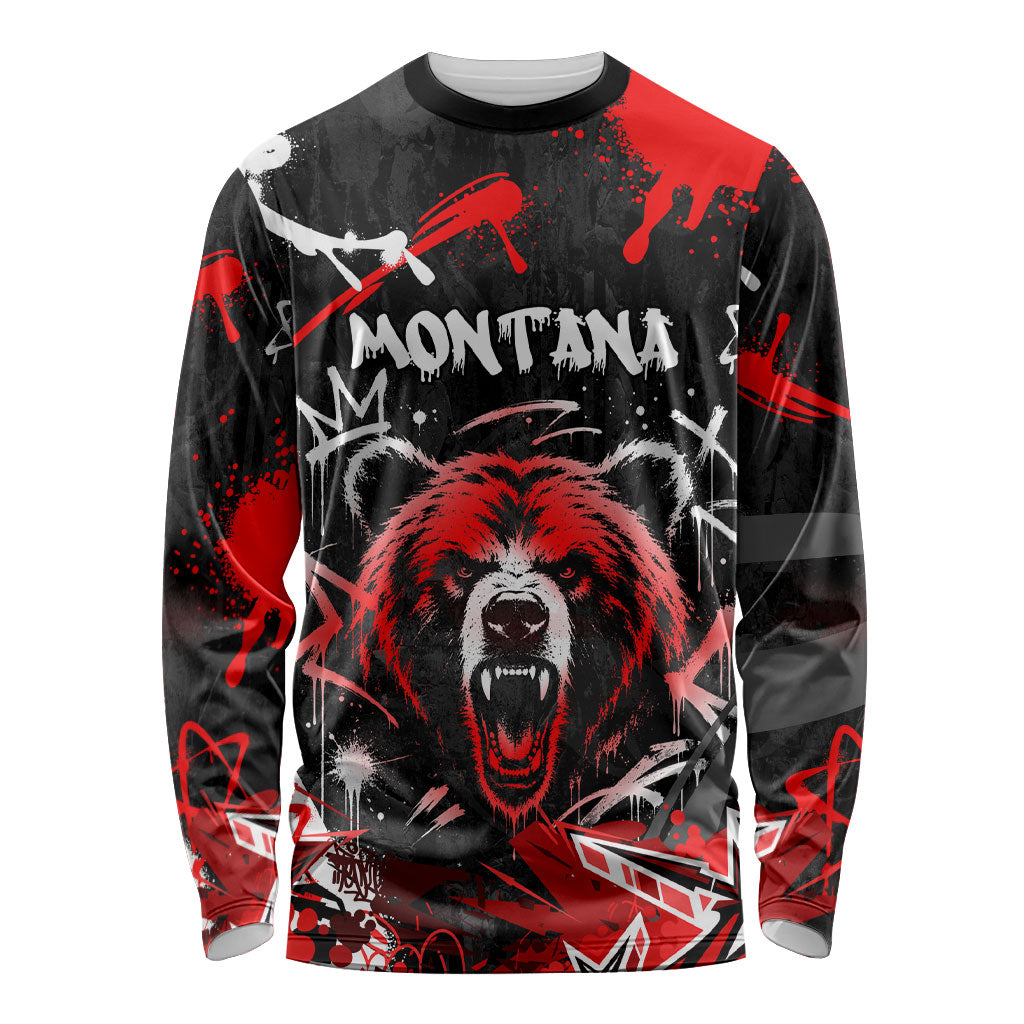 Personalized Montana Grizzly Bear and Bison Long Sleeve Shirt Urban Graffiti Grunge Paint Splatter