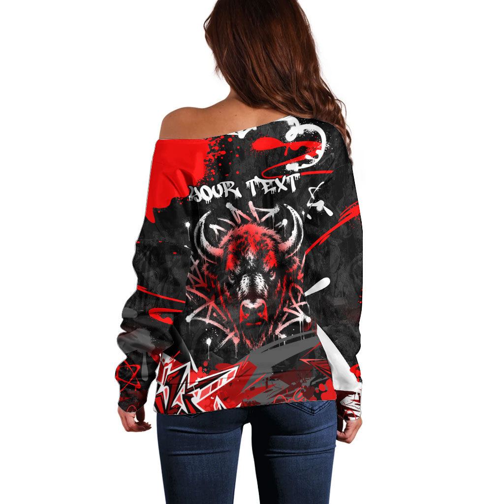 Personalized Montana Grizzly Bear and Bison Off Shoulder Sweater Urban Graffiti Grunge Paint Splatter