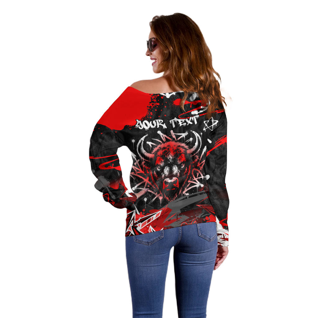 Personalized Montana Grizzly Bear and Bison Off Shoulder Sweater Urban Graffiti Grunge Paint Splatter