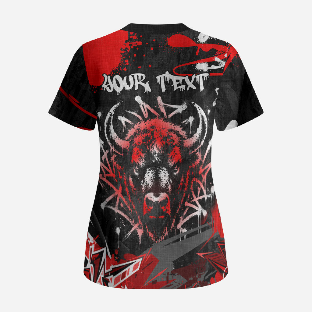 Personalized Montana Grizzly Bear and Bison Scrub Top Urban Graffiti Grunge Paint Splatter