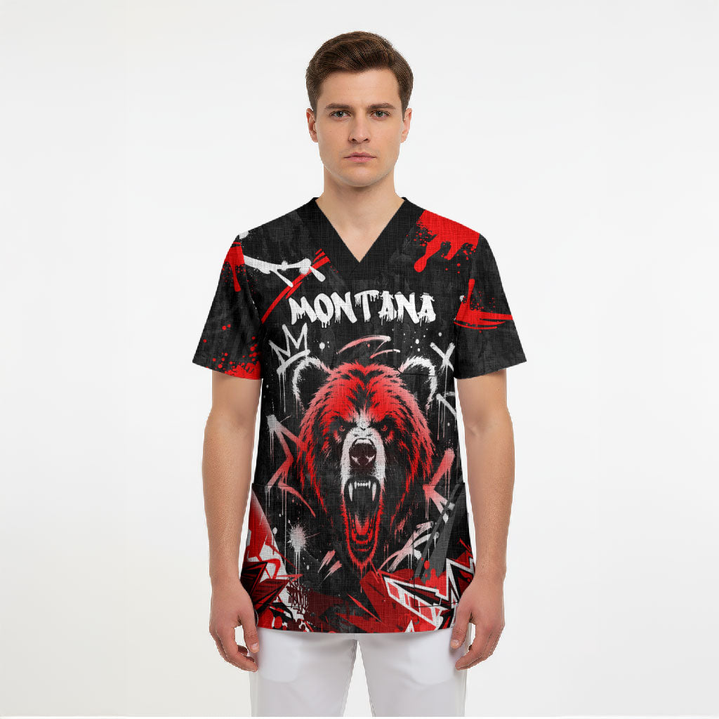 Personalized Montana Grizzly Bear and Bison Scrub Top Urban Graffiti Grunge Paint Splatter