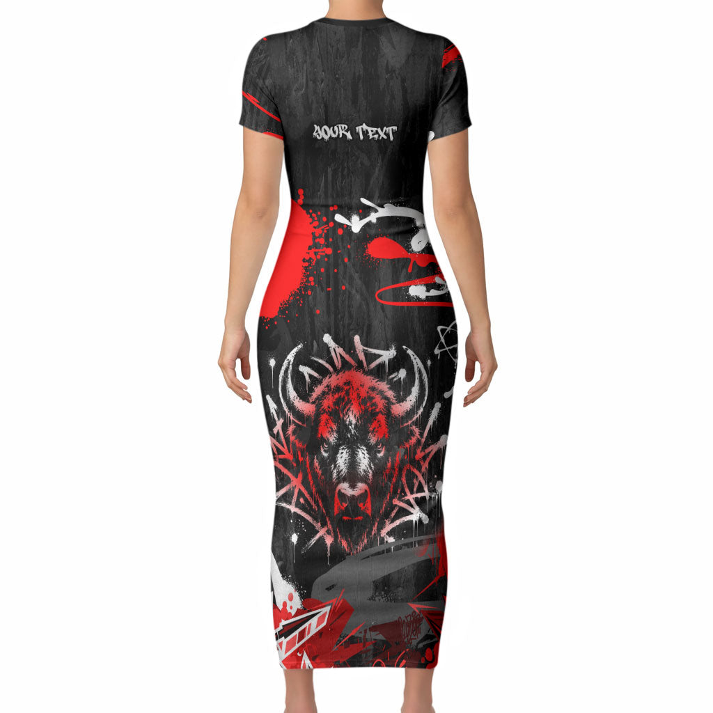 Personalized Montana Grizzly Bear and Bison Short Sleeve Bodycon Dress Urban Graffiti Grunge Paint Splatter