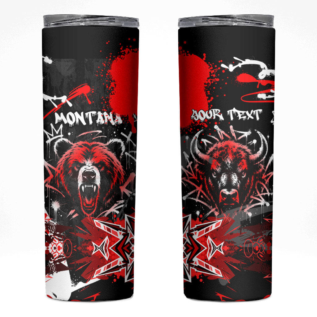 Personalized Montana Grizzly Bear and Bison Skinny Tumbler Urban Graffiti Grunge Paint Splatter