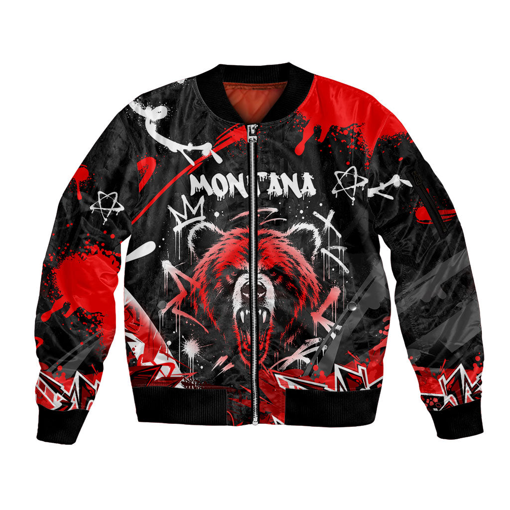 Personalized Montana Grizzly Bear and Bison Sleeve Zip Bomber Jacket Urban Graffiti Grunge Paint Splatter