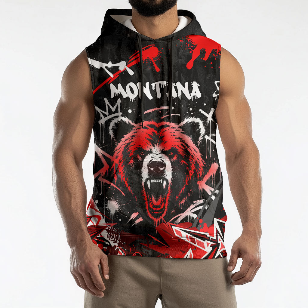 Personalized Montana Grizzly Bear and Bison Sleeveless Hoodie Urban Graffiti Grunge Paint Splatter