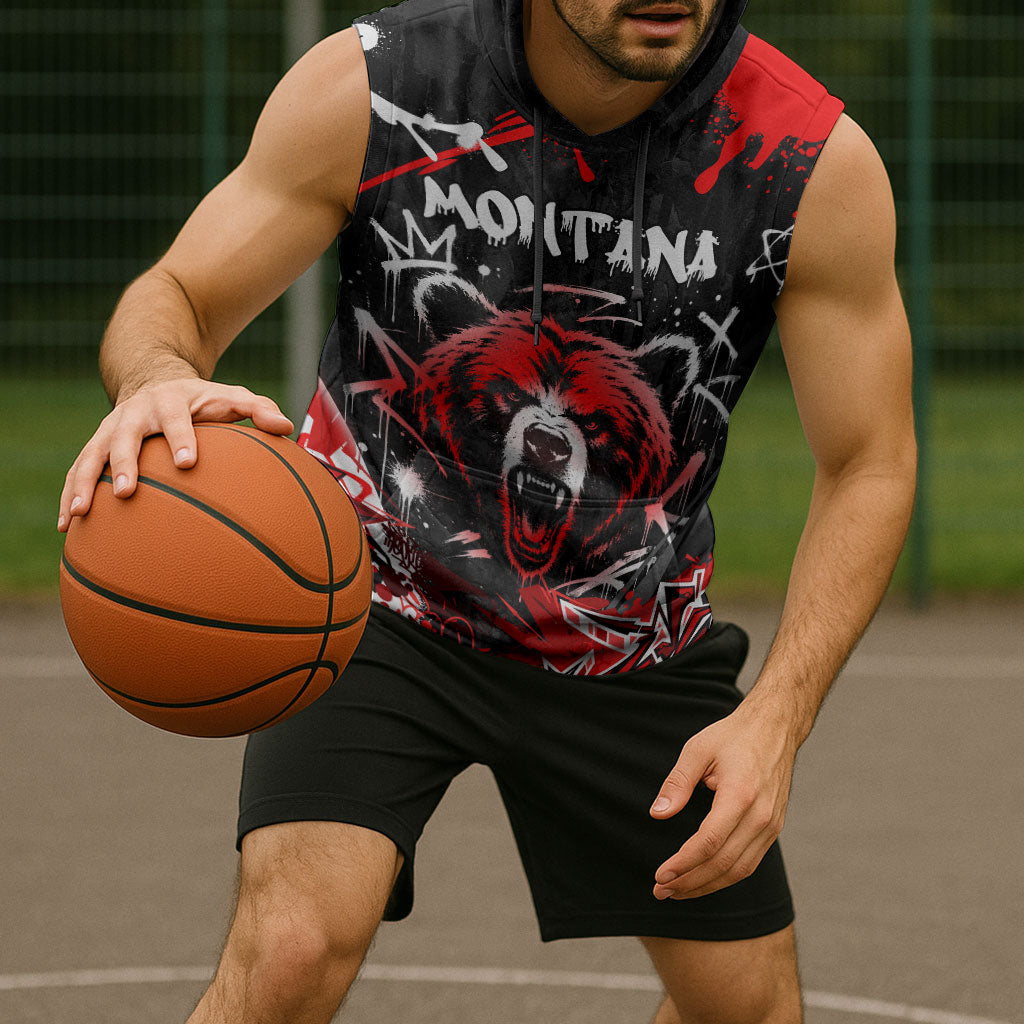 Personalized Montana Grizzly Bear and Bison Sleeveless Hoodie Urban Graffiti Grunge Paint Splatter