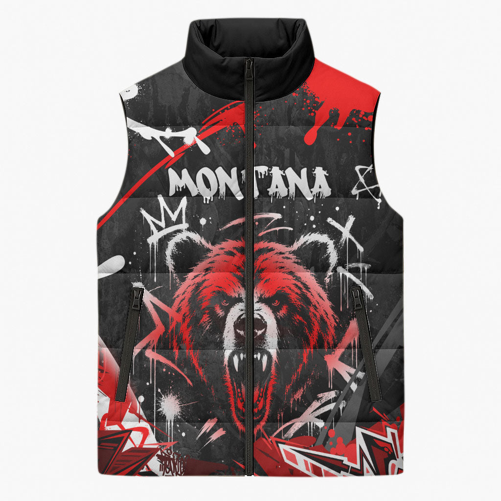Personalized Montana Grizzly Bear and Bison Sleeveless Puffer Jacket Urban Graffiti Grunge Paint Splatter