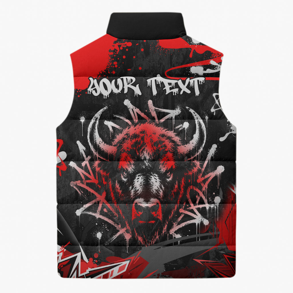 Personalized Montana Grizzly Bear and Bison Sleeveless Puffer Jacket Urban Graffiti Grunge Paint Splatter