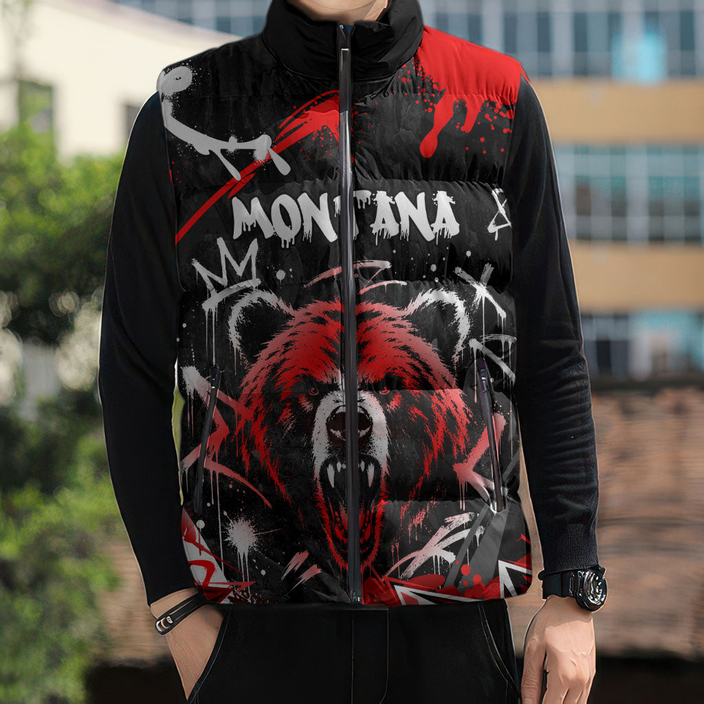 Personalized Montana Grizzly Bear and Bison Sleeveless Puffer Jacket Urban Graffiti Grunge Paint Splatter