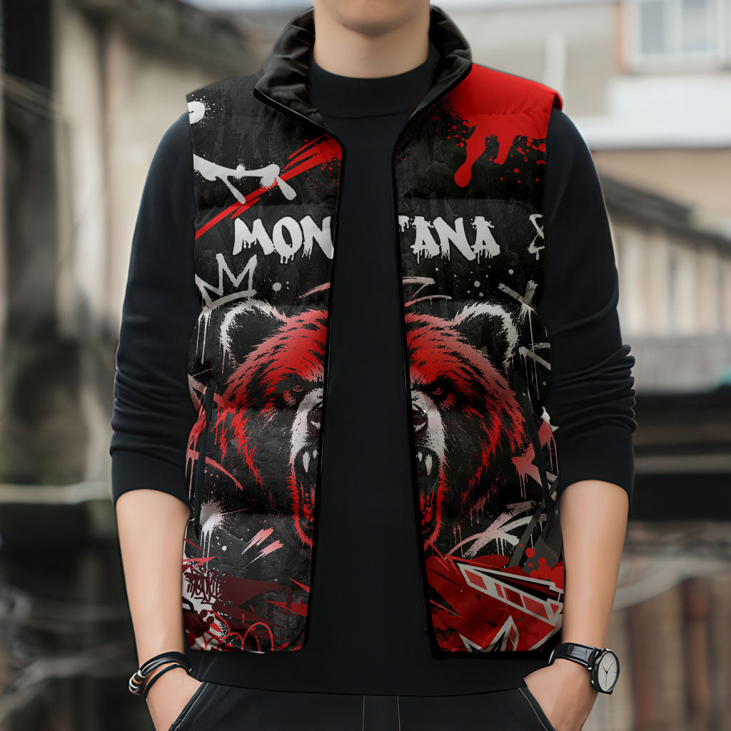Personalized Montana Grizzly Bear and Bison Sleeveless Puffer Jacket Urban Graffiti Grunge Paint Splatter