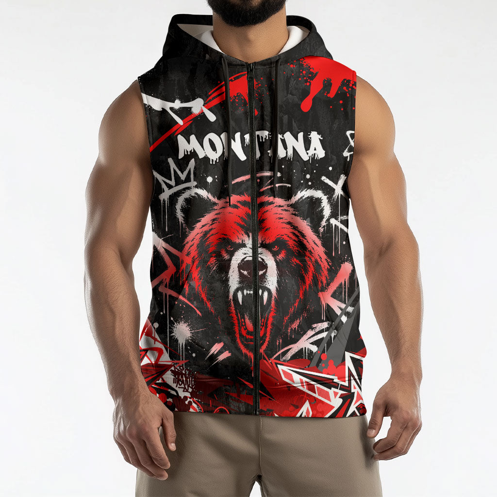 Personalized Montana Grizzly Bear and Bison Sleeveless Zip Hoodie Urban Graffiti Grunge Paint Splatter