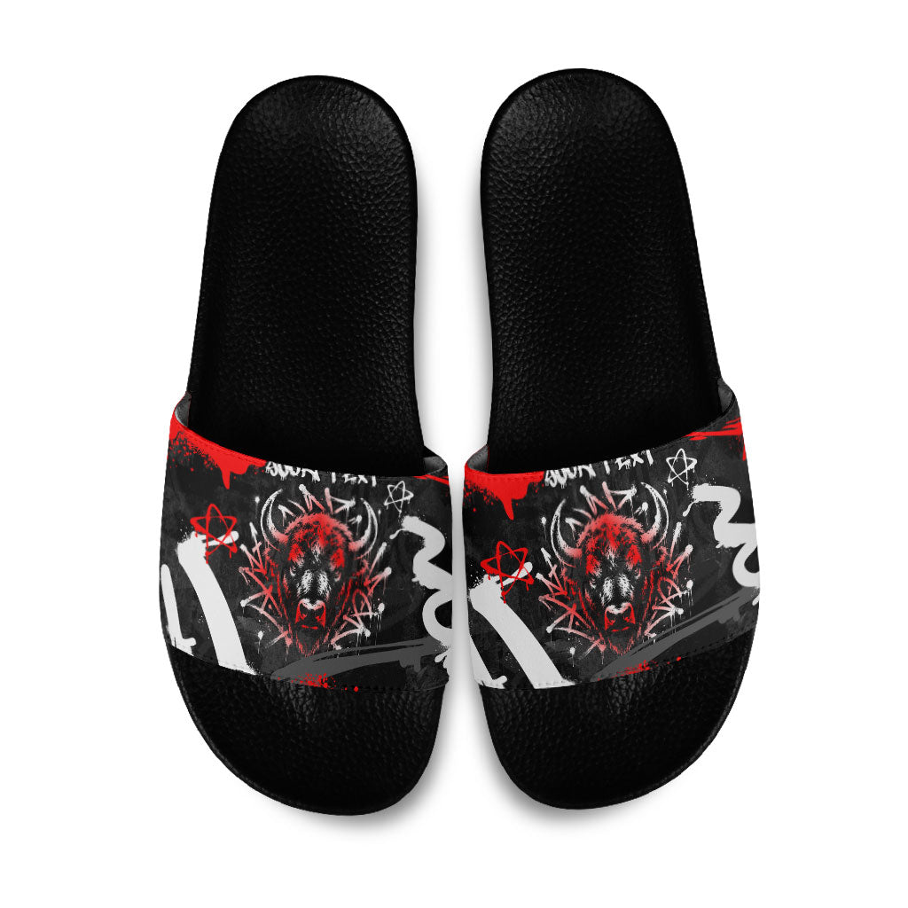 Personalized Montana Grizzly Bear and Bison Slide Sandals Urban Graffiti Grunge Paint Splatter