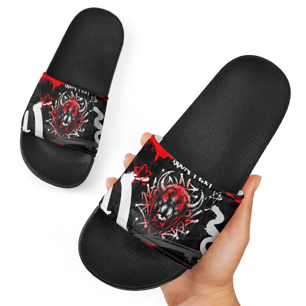 Personalized Montana Grizzly Bear and Bison Slide Sandals Urban Graffiti Grunge Paint Splatter