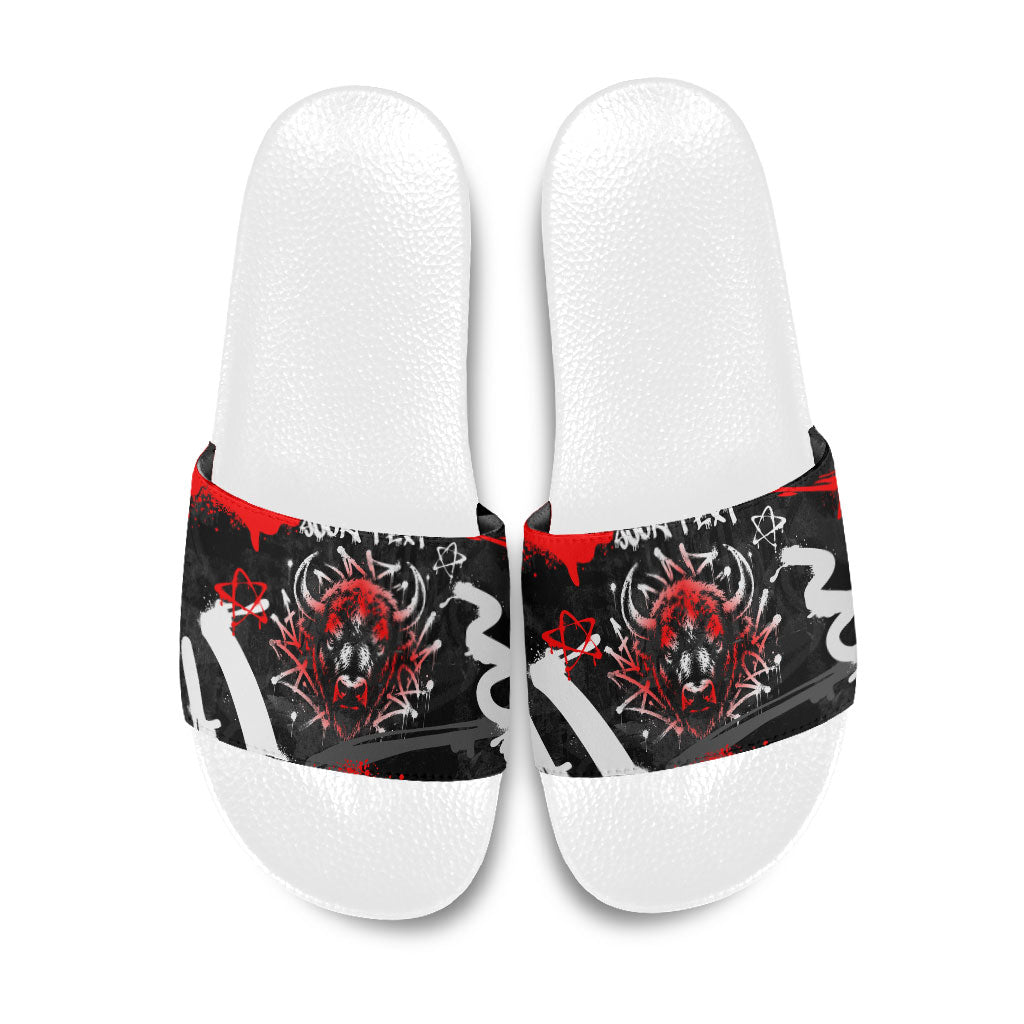 Personalized Montana Grizzly Bear and Bison Slide Sandals Urban Graffiti Grunge Paint Splatter