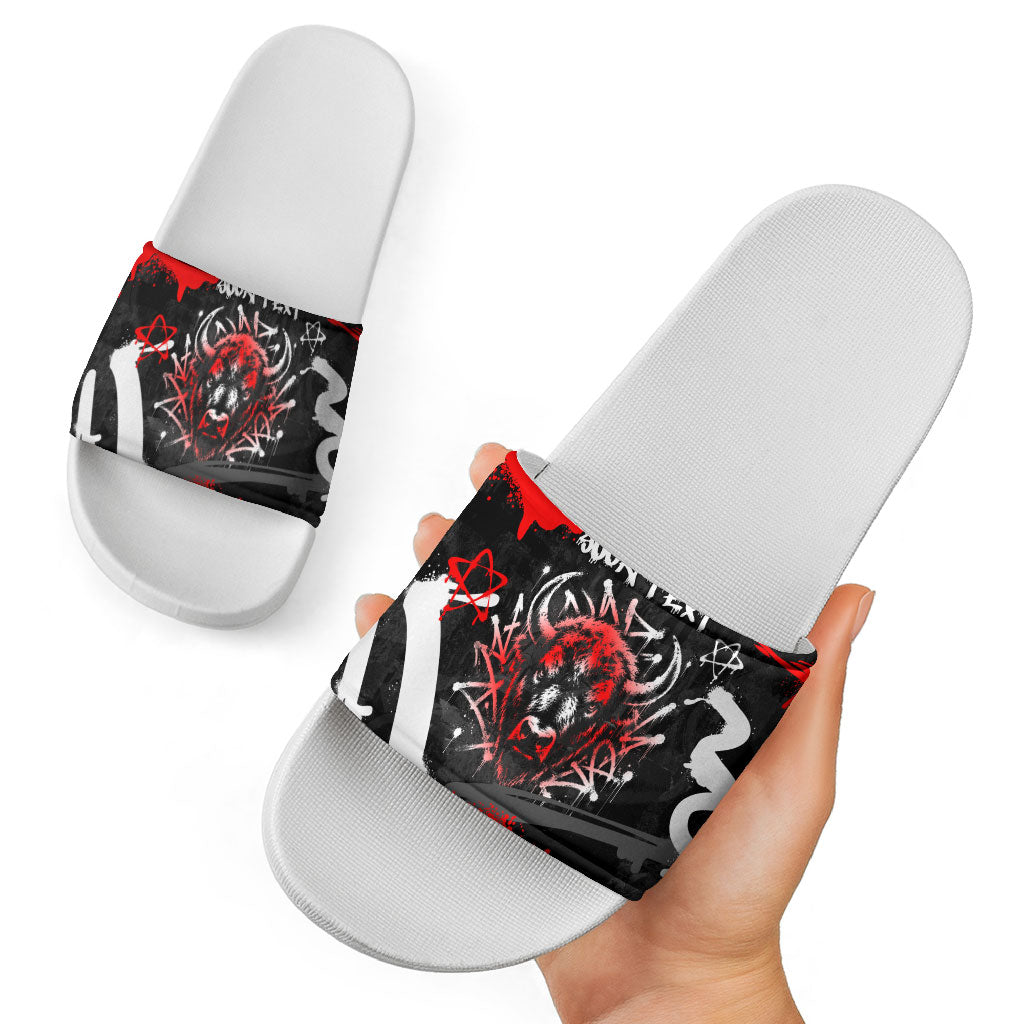 Personalized Montana Grizzly Bear and Bison Slide Sandals Urban Graffiti Grunge Paint Splatter