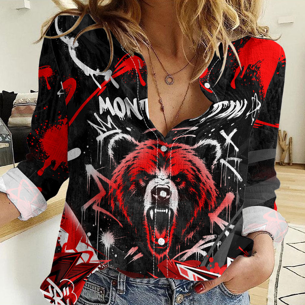 Personalized Montana Grizzly Bear and Bison Women Casual Shirt Urban Graffiti Grunge Paint Splatter