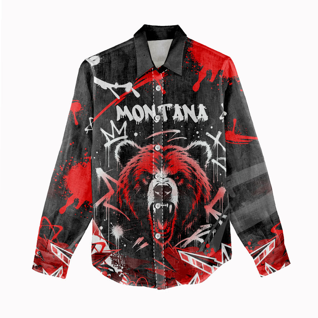 Personalized Montana Grizzly Bear and Bison Women Casual Shirt Urban Graffiti Grunge Paint Splatter