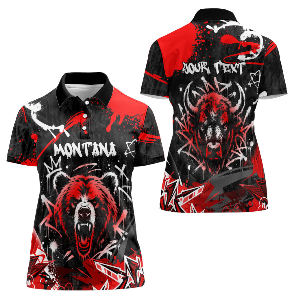 Personalized Montana Grizzly Bear and Bison Women Polo Shirt Urban Graffiti Grunge Paint Splatter