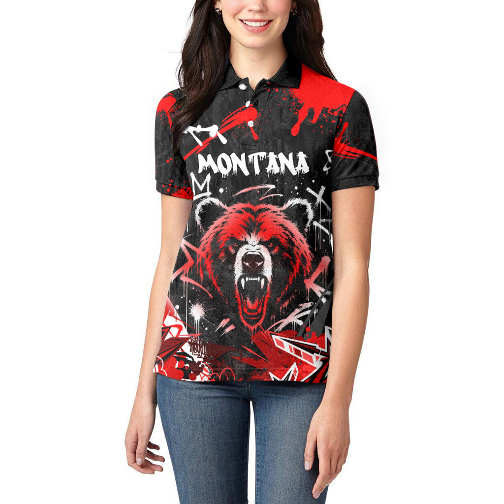 Personalized Montana Grizzly Bear and Bison Women Polo Shirt Urban Graffiti Grunge Paint Splatter