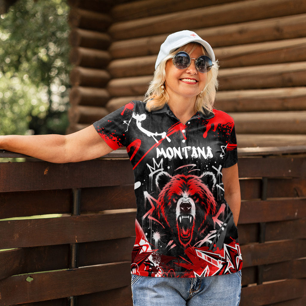 Personalized Montana Grizzly Bear and Bison Women Polo Shirt Urban Graffiti Grunge Paint Splatter