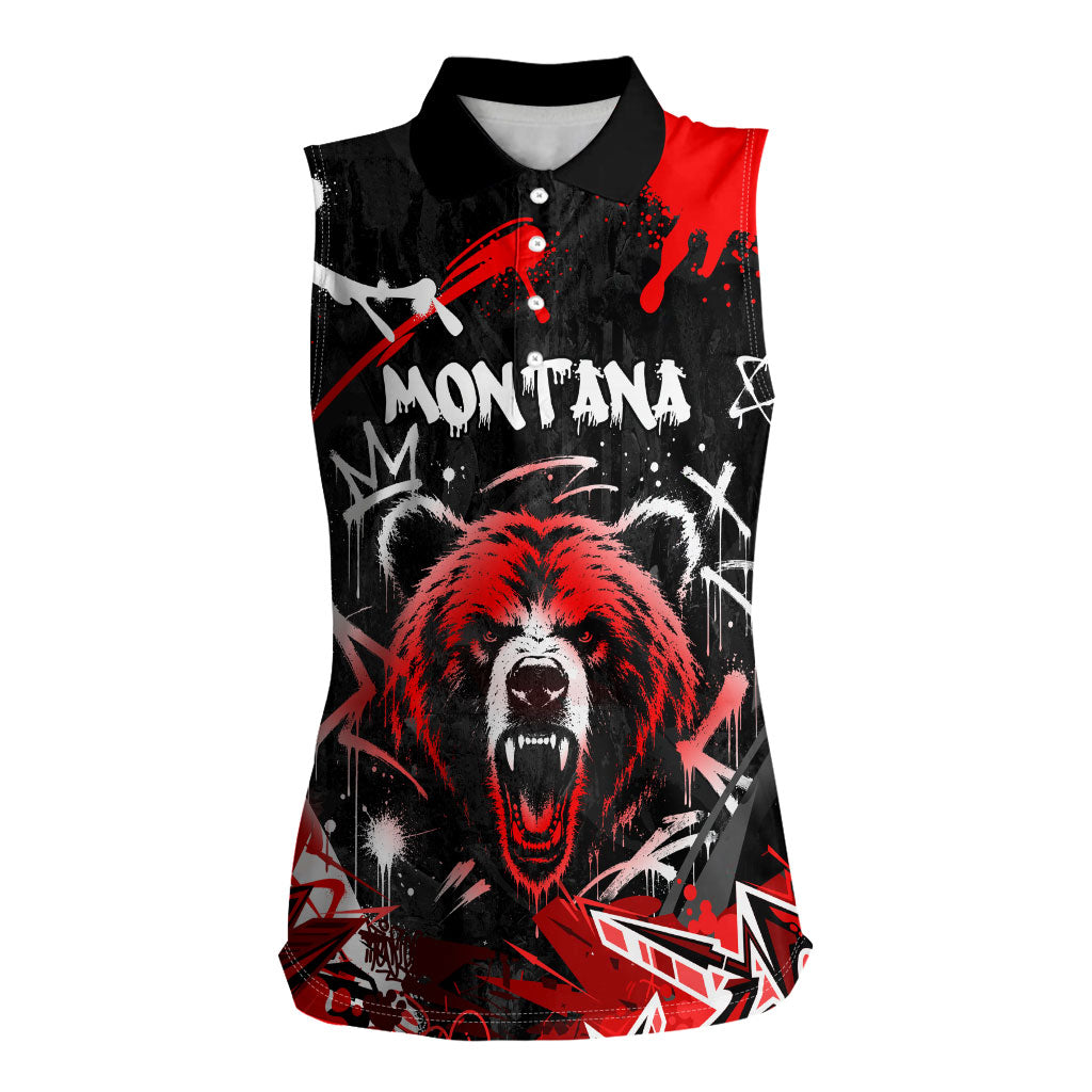 Personalized Montana Grizzly Bear and Bison Women Sleeveless Polo Shirt Urban Graffiti Grunge Paint Splatter