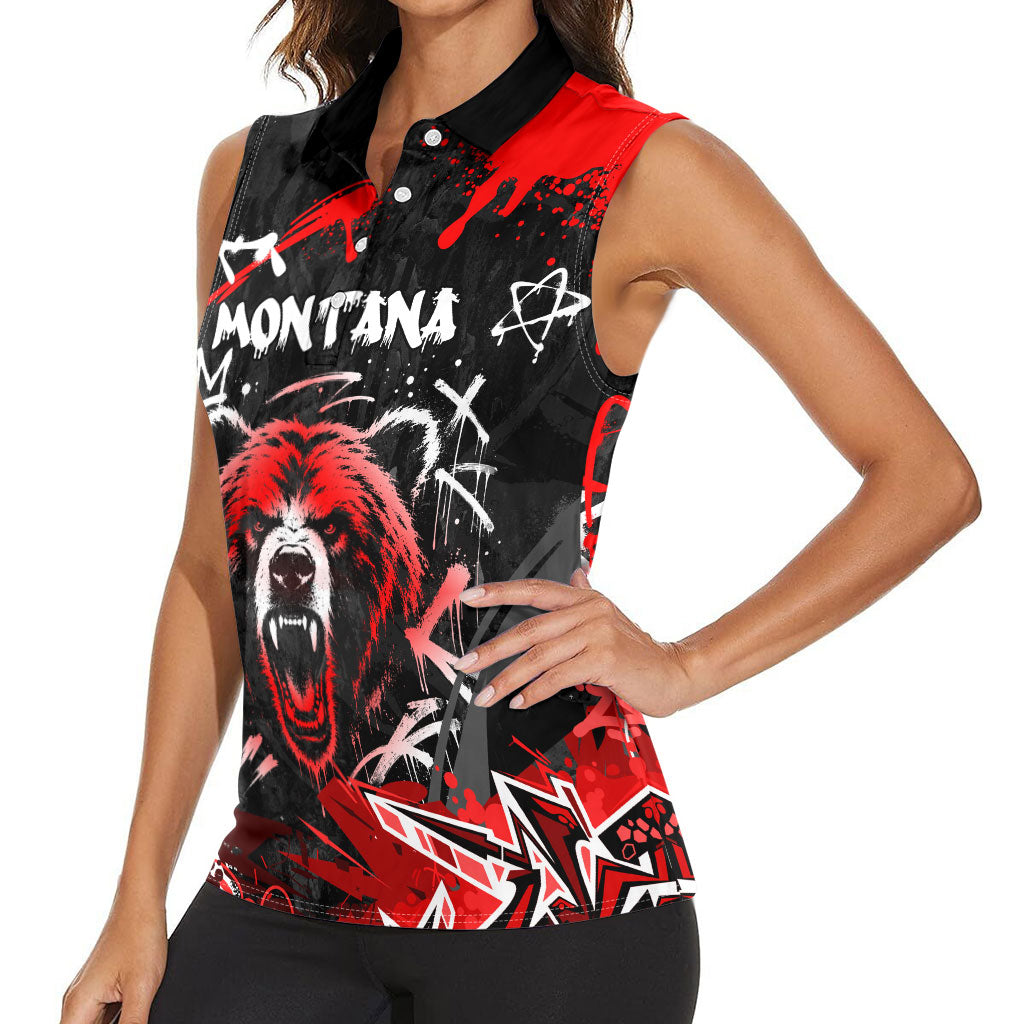 Personalized Montana Grizzly Bear and Bison Women Sleeveless Polo Shirt Urban Graffiti Grunge Paint Splatter