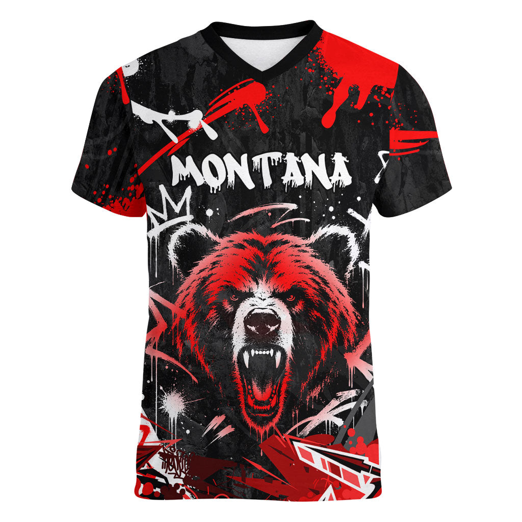 Personalized Montana Grizzly Bear and Bison Women V-Neck T-Shirt Urban Graffiti Grunge Paint Splatter