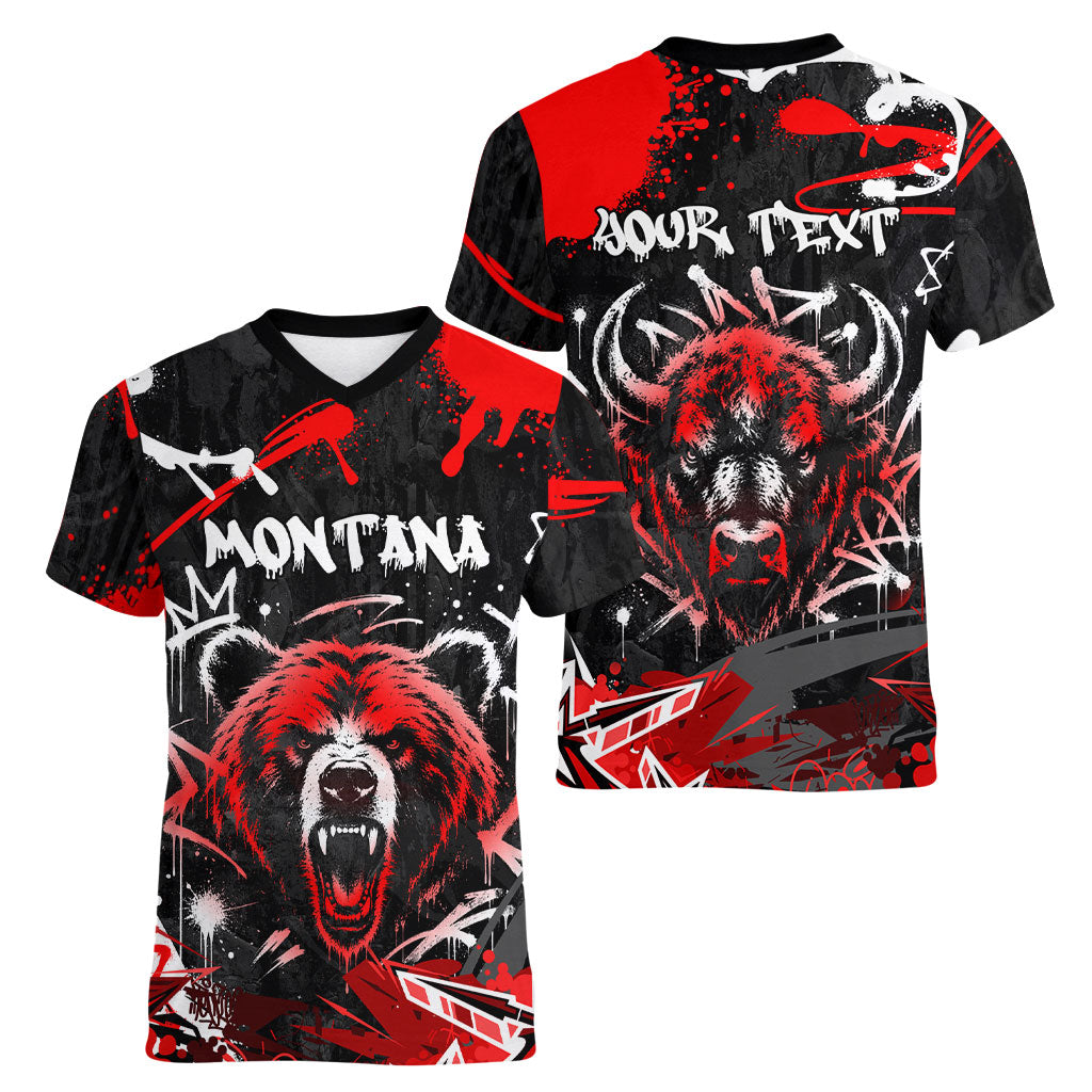 Personalized Montana Grizzly Bear and Bison Women V-Neck T-Shirt Urban Graffiti Grunge Paint Splatter