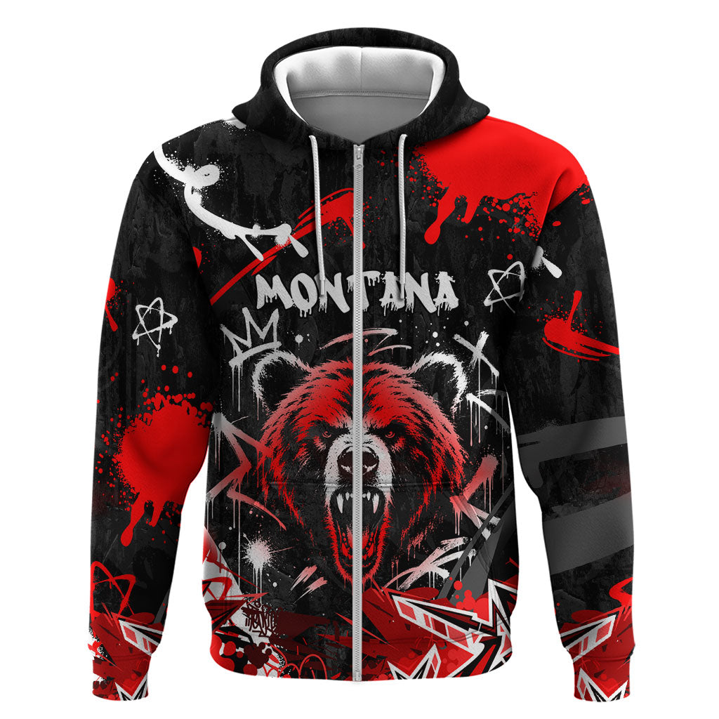 Personalized Montana Grizzly Bear and Bison Zip Hoodie Urban Graffiti Grunge Paint Splatter