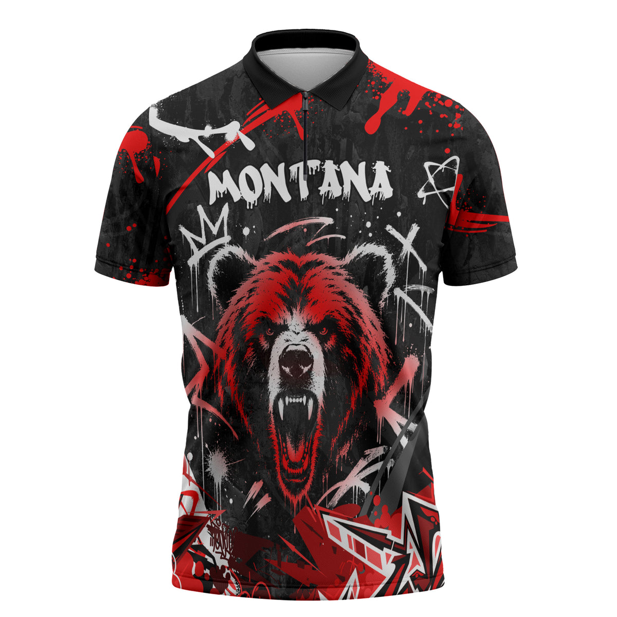 Personalized Montana Grizzly Bear and Bison Zipper Polo Shirt Urban Graffiti Grunge Paint Splatter