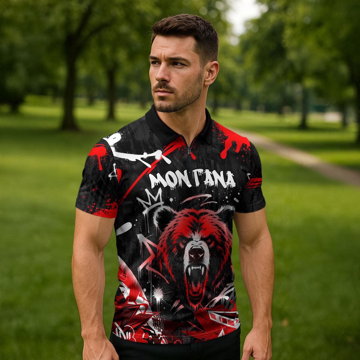 Personalized Montana Grizzly Bear and Bison Zipper Polo Shirt Urban Graffiti Grunge Paint Splatter