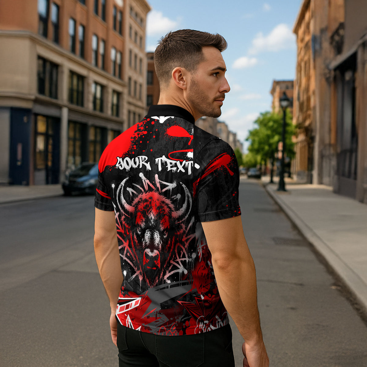 Personalized Montana Grizzly Bear and Bison Zipper Polo Shirt Urban Graffiti Grunge Paint Splatter