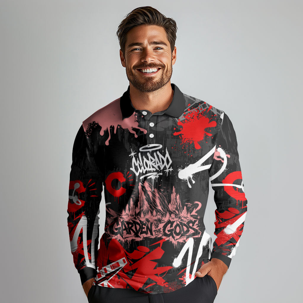 Personalized Colorado Garden Of The Gods Long Sleeve Polo Shirt Urban Graffiti Paint Splatter Street Art