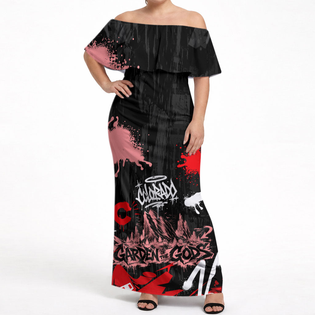 Personalized Colorado Garden Of The Gods Off Shoulder Maxi Dress Urban Graffiti Paint Splatter Street Art