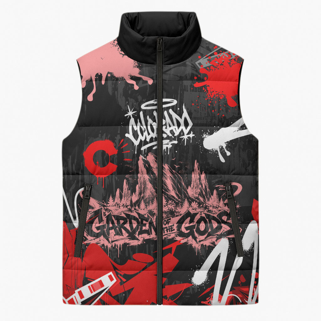 Personalized Colorado Garden Of The Gods Sleeveless Puffer Jacket Urban Graffiti Paint Splatter Street Art