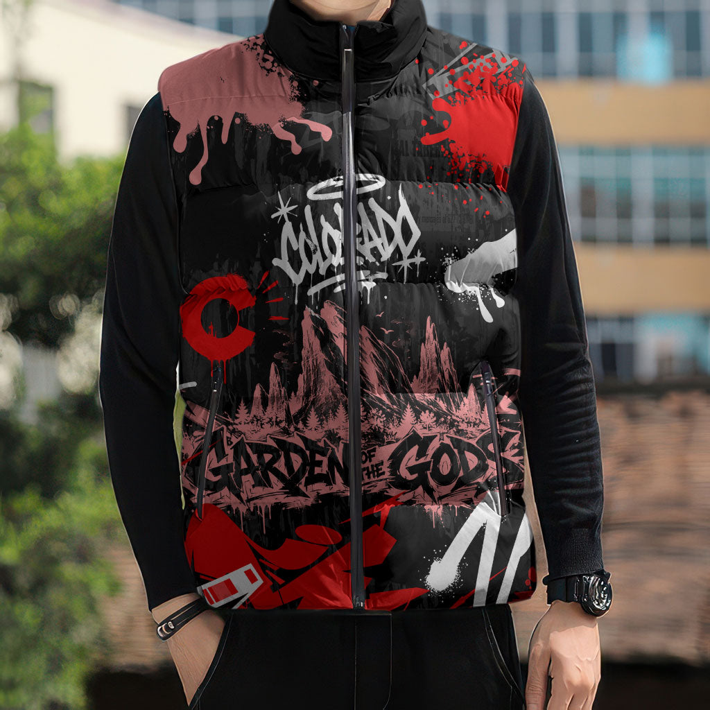 Personalized Colorado Garden Of The Gods Sleeveless Puffer Jacket Urban Graffiti Paint Splatter Street Art