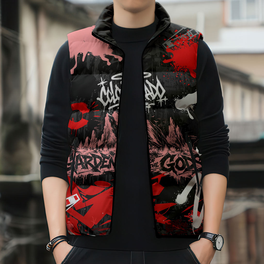 Personalized Colorado Garden Of The Gods Sleeveless Puffer Jacket Urban Graffiti Paint Splatter Street Art