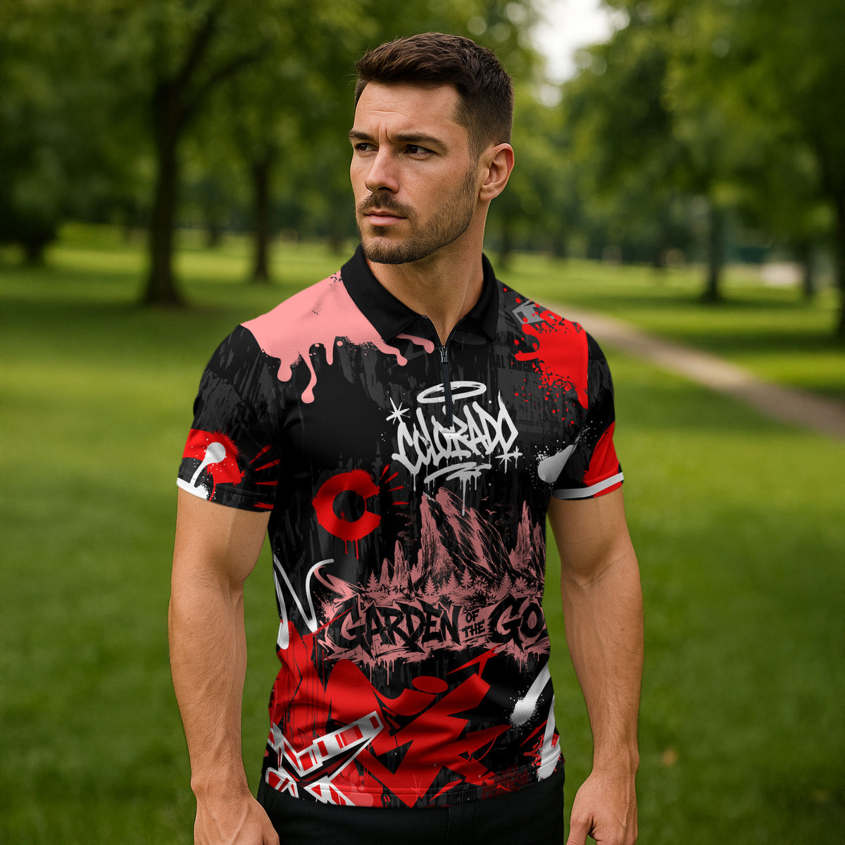 Personalized Colorado Garden Of The Gods Zipper Polo Shirt Urban Graffiti Paint Splatter Street Art