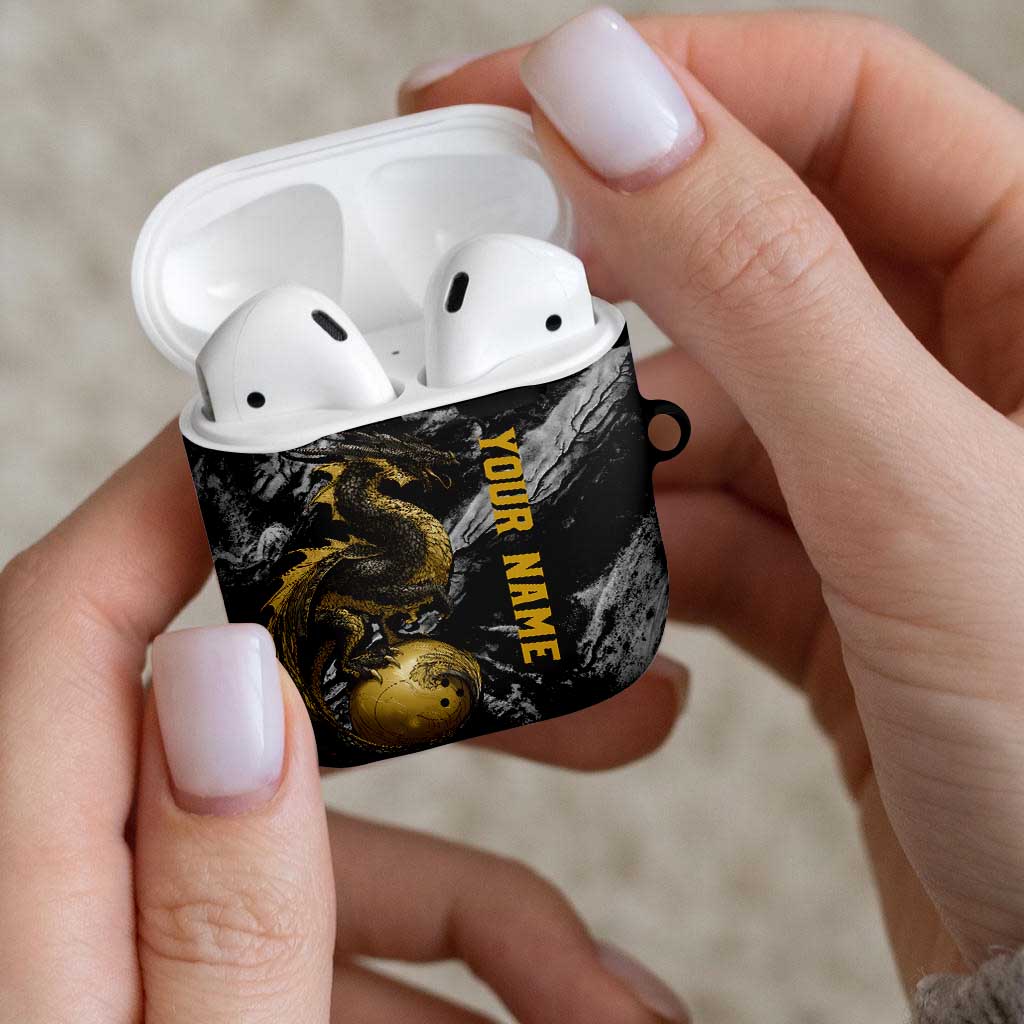 Golden Dragon and Bowling Ball Design AirPods Case with Marble Stone Texture and Custom Team Name Text - Wonder Print Shop