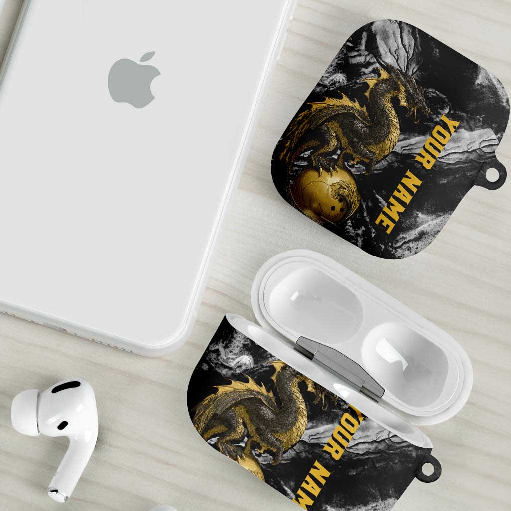 Golden Dragon and Bowling Ball Design AirPods Case with Marble Stone Texture and Custom Team Name Text - Wonder Print Shop