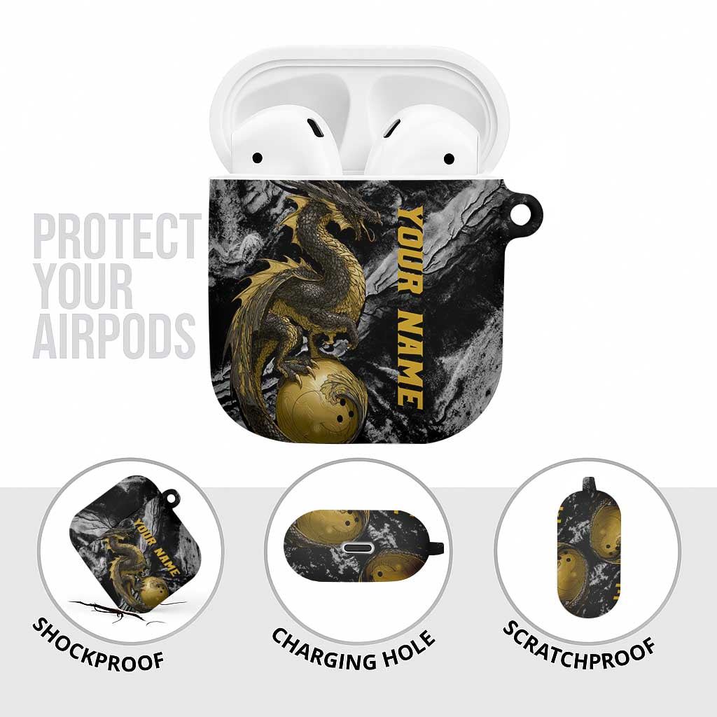 Golden Dragon and Bowling Ball Design AirPods Case with Marble Stone Texture and Custom Team Name Text - Wonder Print Shop