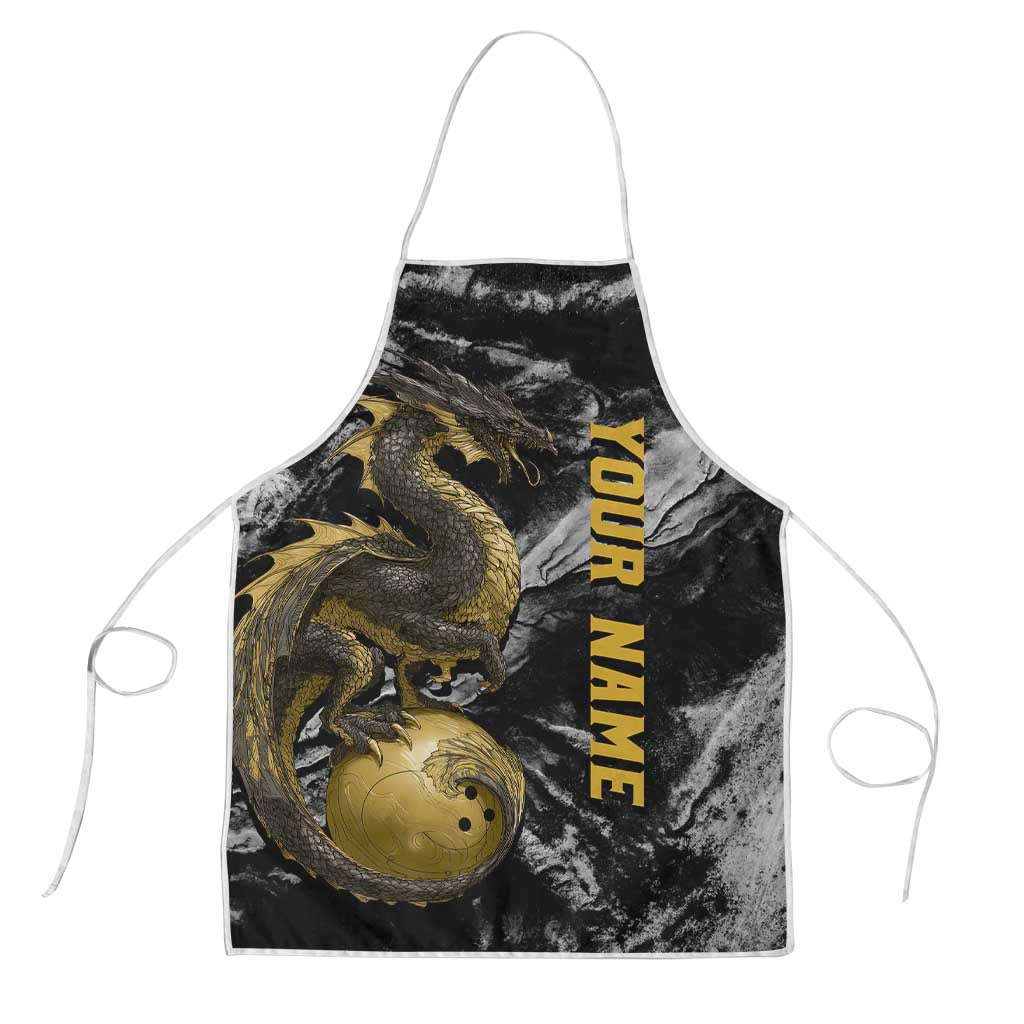 Golden Dragon and Bowling Ball Design Apron with Marble Stone Texture and Custom Team Name Text - Wonder Print Shop