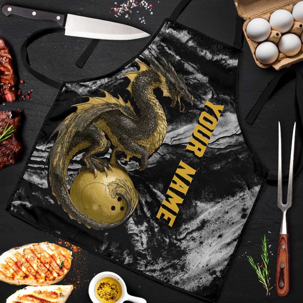Golden Dragon and Bowling Ball Design Apron with Marble Stone Texture and Custom Team Name Text - Wonder Print Shop