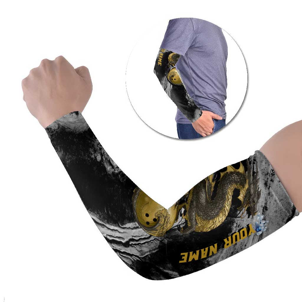 Golden Dragon and Bowling Ball Design Arm Sleeves with Marble Stone Texture and Custom Team Name Text - Wonder Print Shop