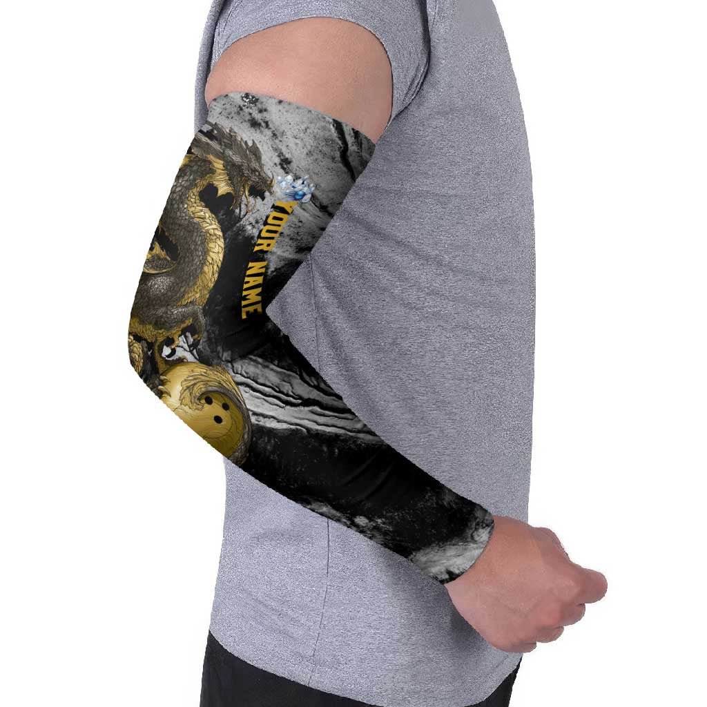 Golden Dragon and Bowling Ball Design Arm Sleeves with Marble Stone Texture and Custom Team Name Text - Wonder Print Shop
