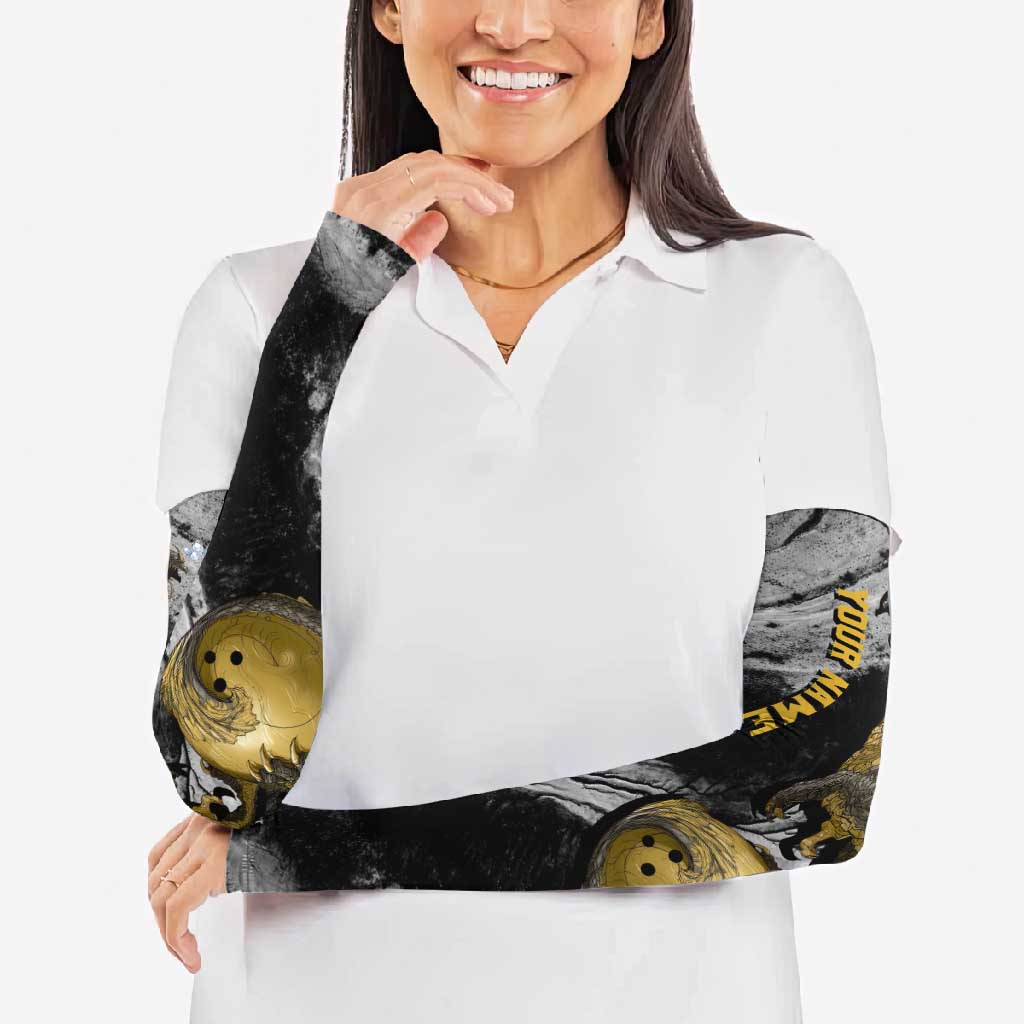 Golden Dragon and Bowling Ball Design Arm Sleeves with Marble Stone Texture and Custom Team Name Text - Wonder Print Shop