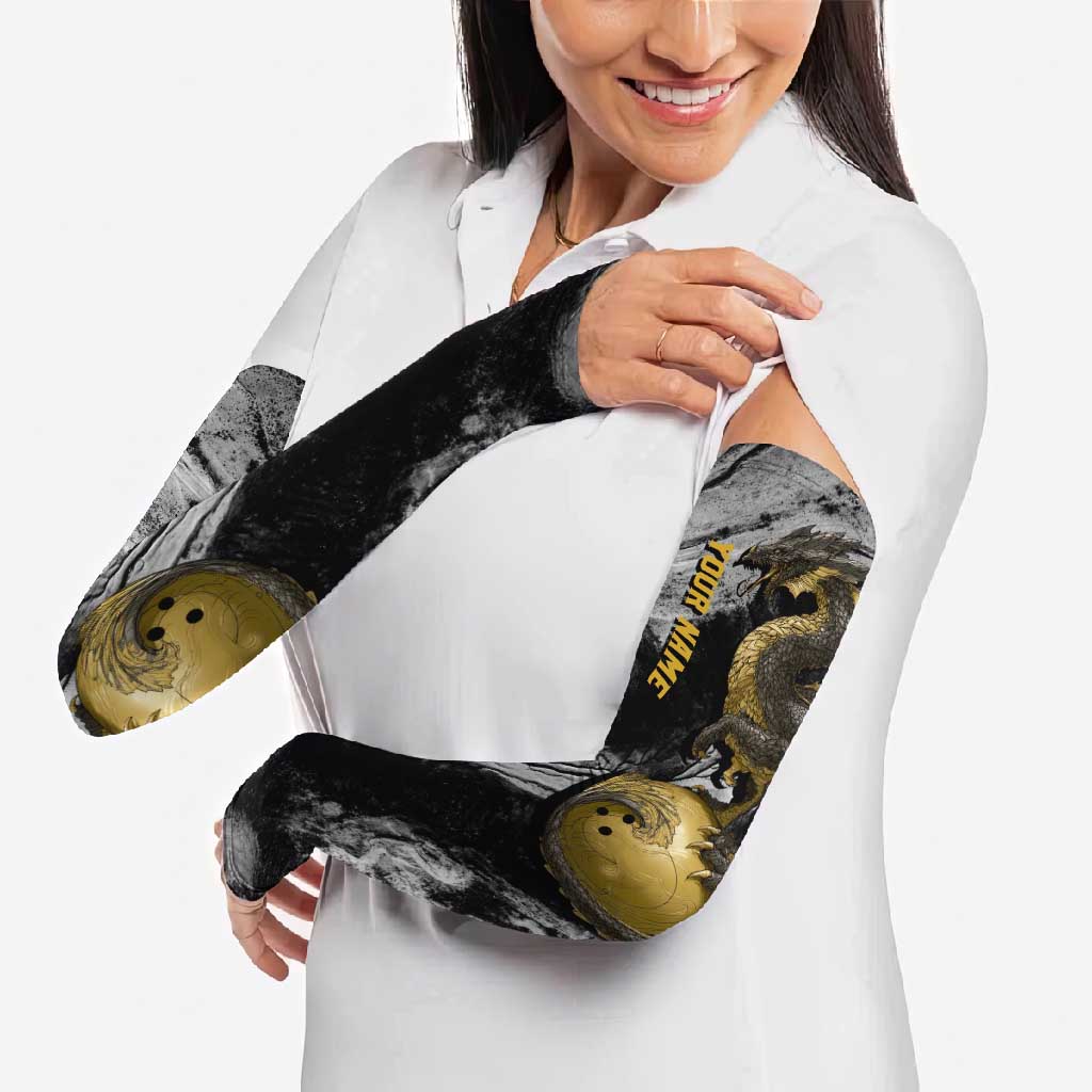 Golden Dragon and Bowling Ball Design Arm Sleeves with Marble Stone Texture and Custom Team Name Text - Wonder Print Shop