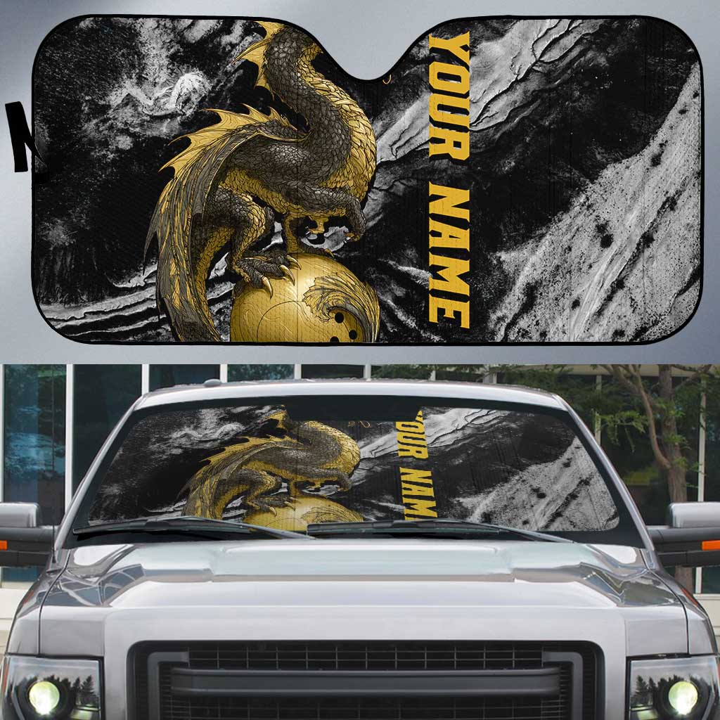 Golden Dragon and Bowling Ball Design Auto Sun Shade with Marble Stone Texture and Custom Team Name Text - Wonder Print Shop