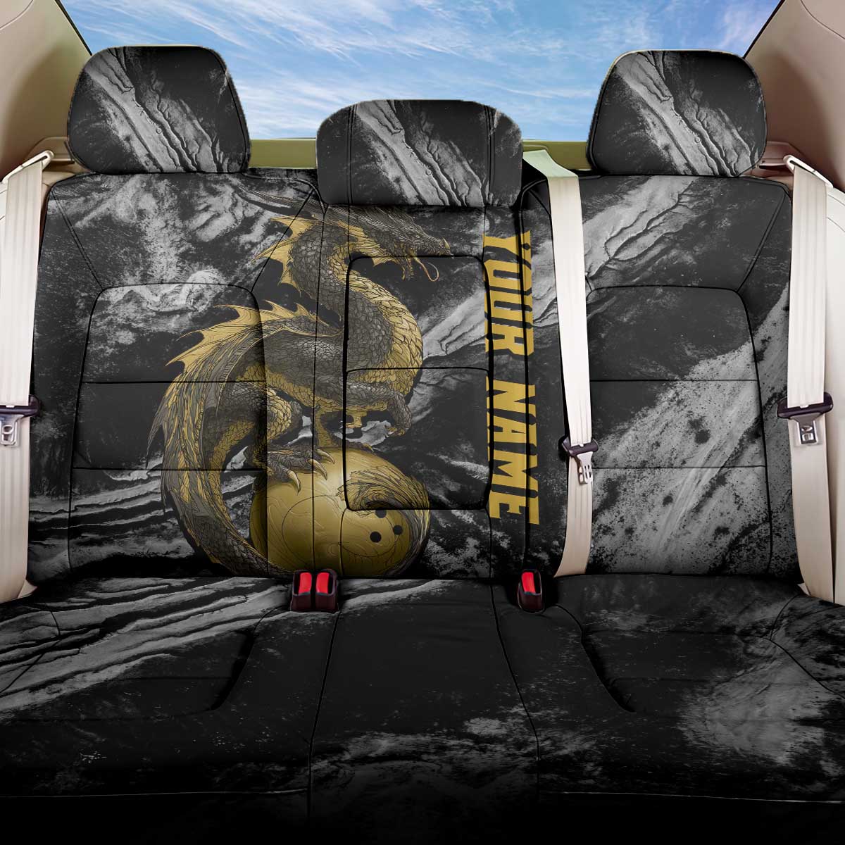 Golden Dragon and Bowling Ball Design Back Car Seat Cover with Marble Stone Texture and Custom Team Name Text - Wonder Print Shop