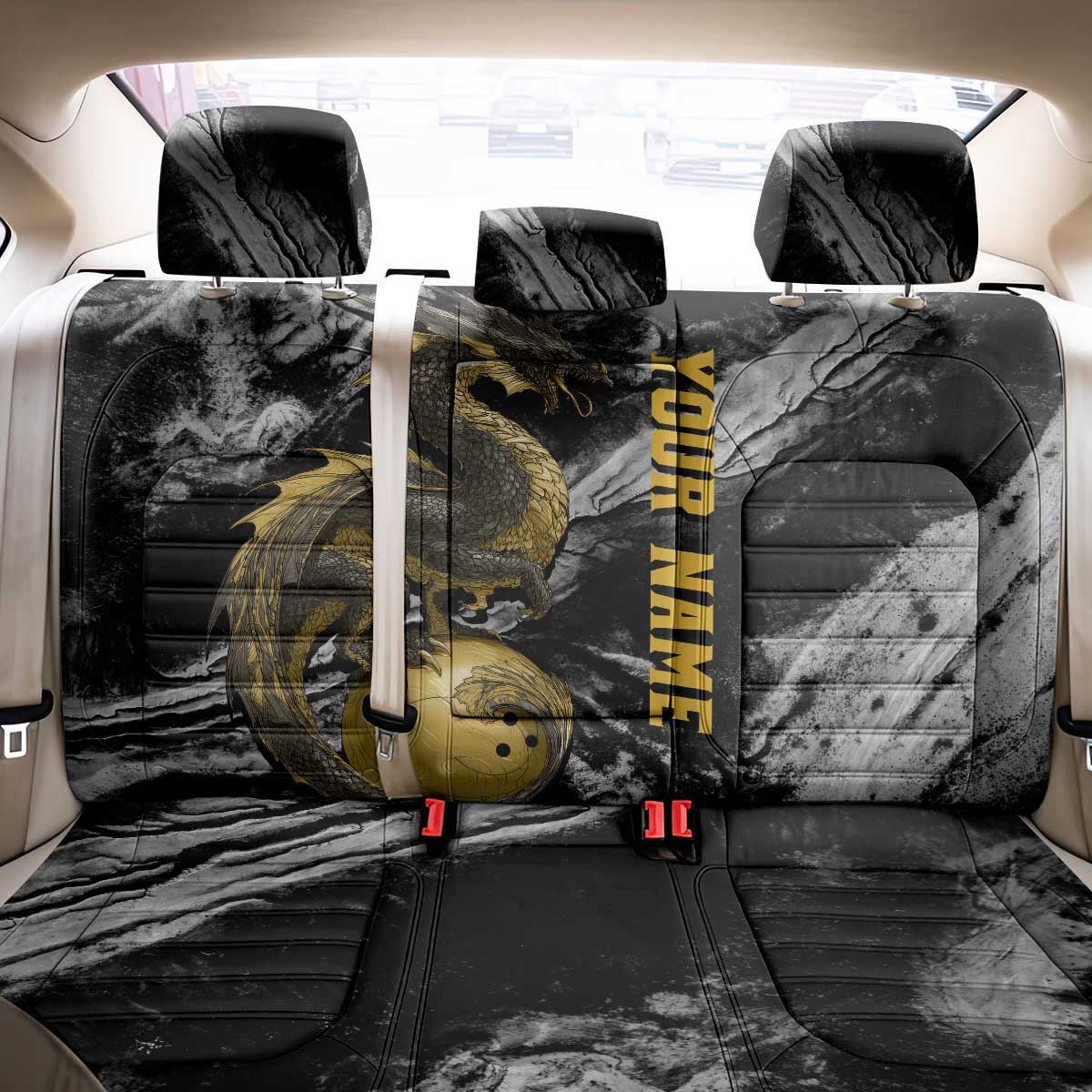 Golden Dragon and Bowling Ball Design Back Car Seat Cover with Marble Stone Texture and Custom Team Name Text - Wonder Print Shop